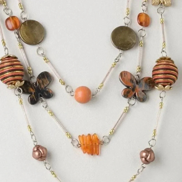 Multi Strand Resin Glass Mixed Baubles Browns Gold Silver Long Bib Necklace - Picture 2 of 3